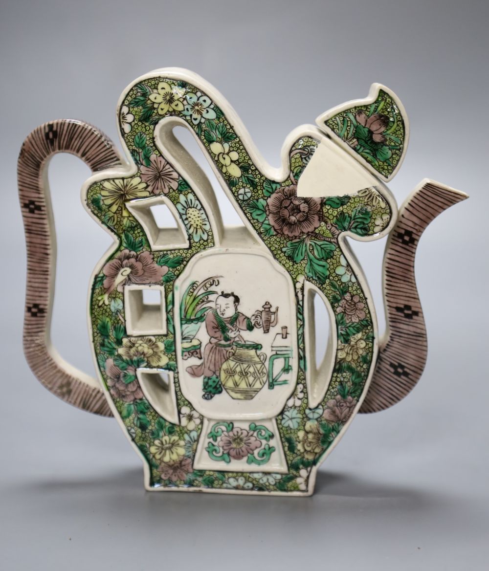 A Chinese enamelled biscuit Fu wine pot, Kangxi mark, late 19th century, height 19cm